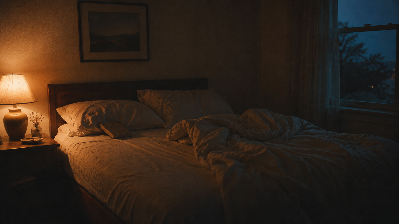 A bedroom at dusk, one bedside lamp lit, the other dark. Soft, melancholy, but not bleak.