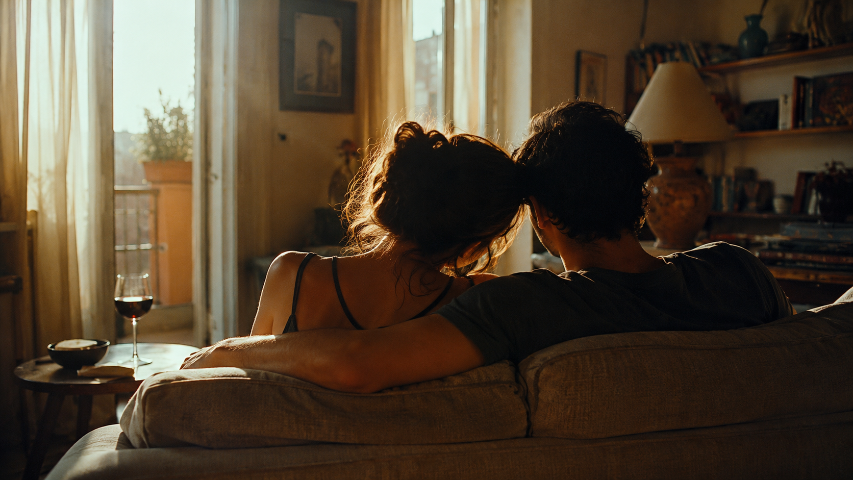 A couple on a couch in warm evening light, one slightly turned toward the other.